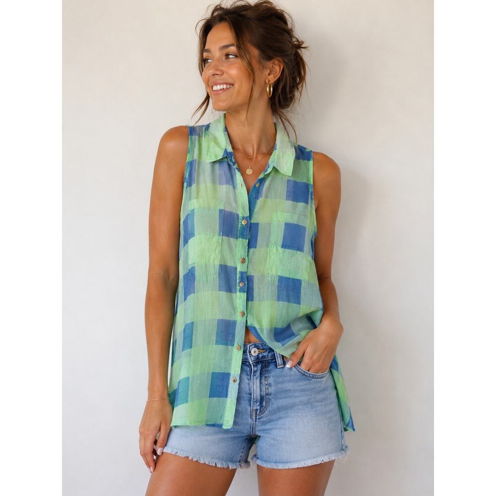American Eagle Plaid Button Down Tank Top Green Blue Open Back Slit Y2K Preppy L